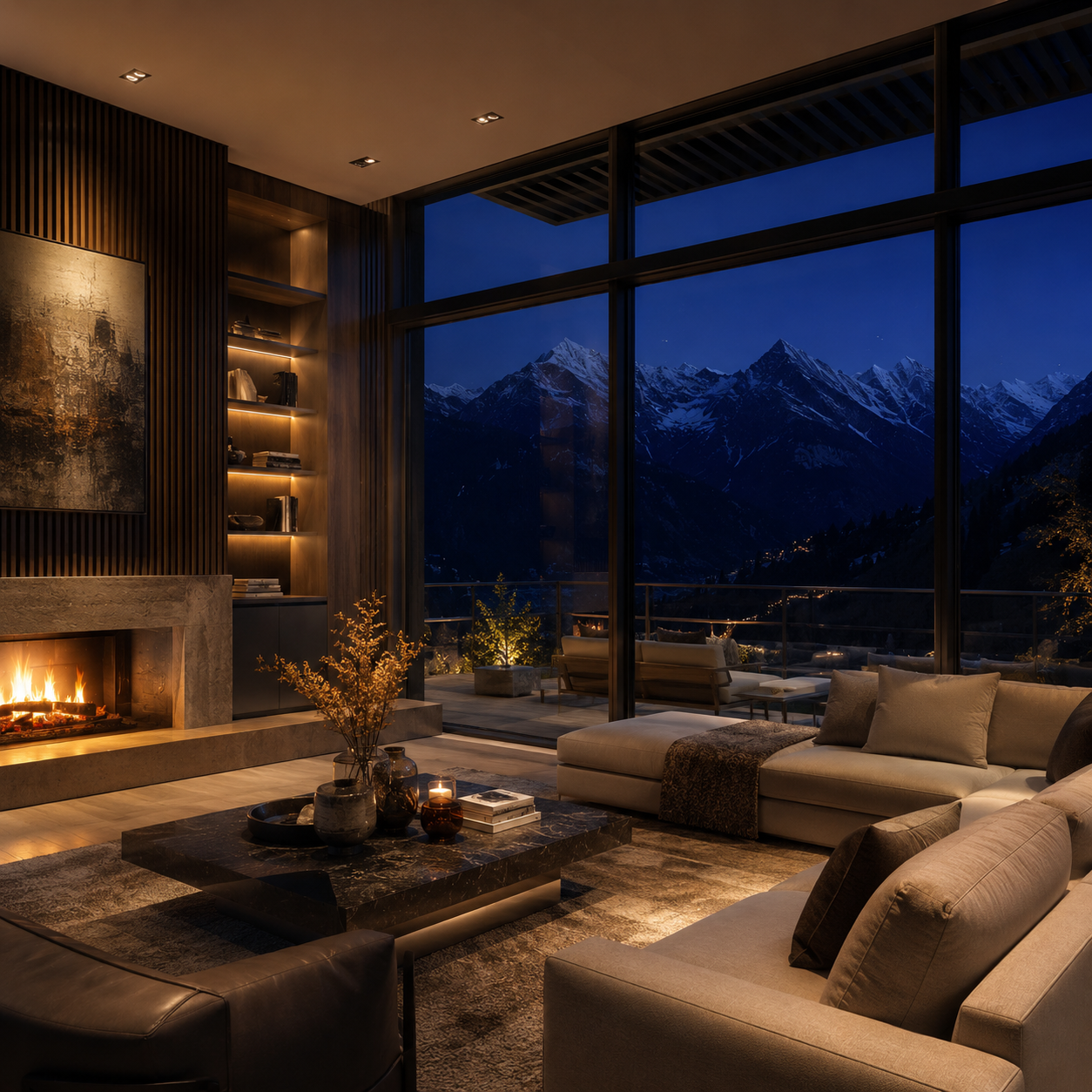 Warm evening mountain view living room