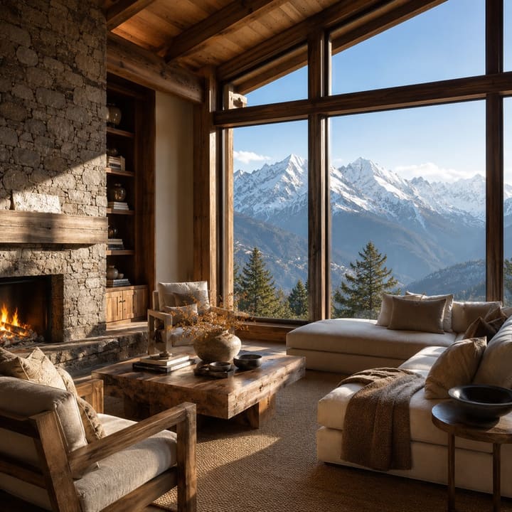 Luxury mountain view living room in daylight