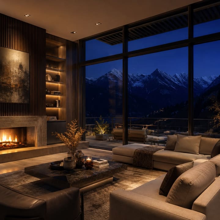 Warm evening mountain view living room