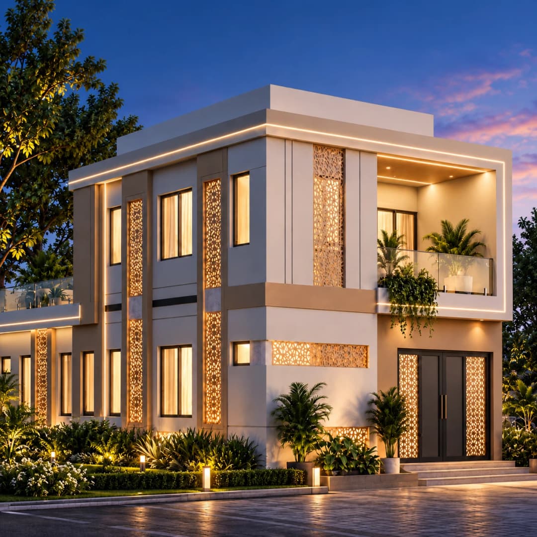Shivalik Villas duplex villa with lit jaali facade and balcony at dusk